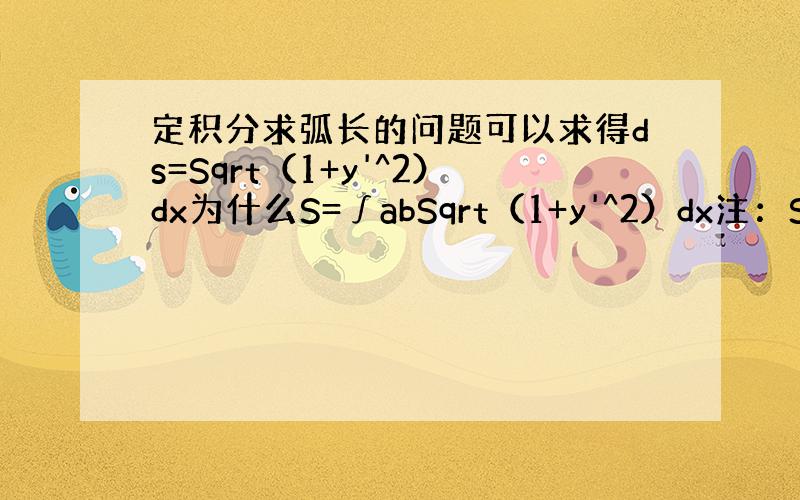 定积分求弧长的问题可以求得ds=Sqrt（1+y'^2）dx为什么S=∫abSqrt（1+y'^2）dx注：Sqrt为根