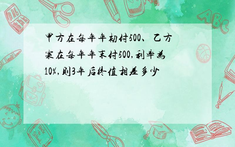 甲方在每年年初付500、乙方案在每年年末付500,利率为10%,则3年后终值相差多少