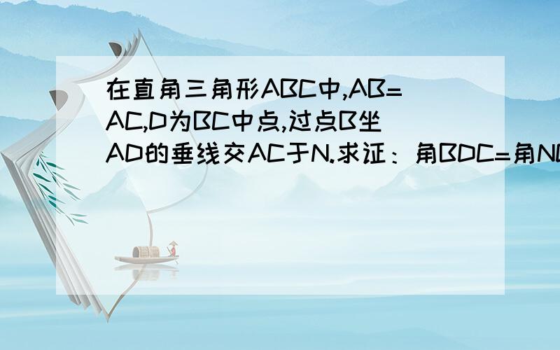 在直角三角形ABC中,AB=AC,D为BC中点,过点B坐AD的垂线交AC于N.求证：角BDC=角NDC