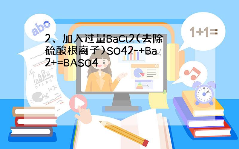 2、加入过量BaCl2(去除硫酸根离子)SO42-+Ba2+=BASO4