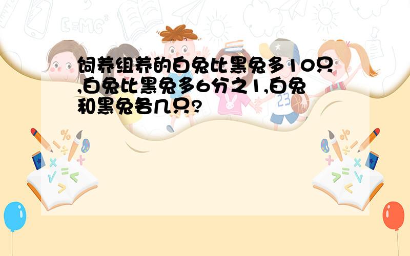 饲养组养的白兔比黑兔多10只,白兔比黑兔多6分之1,白兔和黑兔各几只?