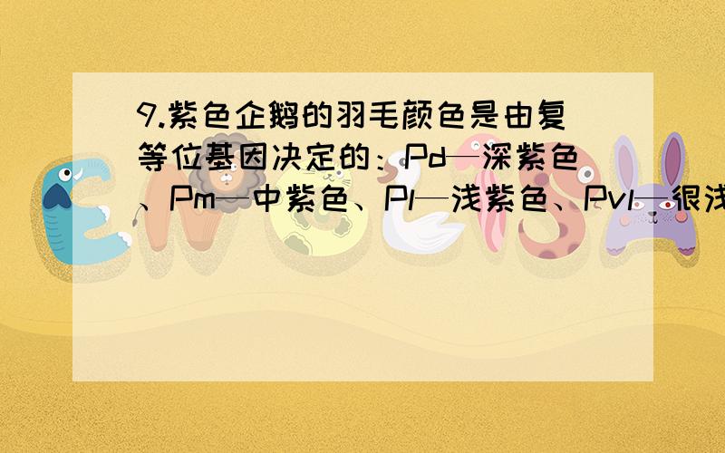 9.紫色企鹅的羽毛颜色是由复等位基因决定的：Pd—深紫色、Pm—中紫色、Pl—浅紫色、Pvl—很浅紫色（近于白色）.其显