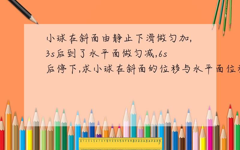 小球在斜面由静止下滑做匀加,3s后到了水平面做匀减,6s后停下,求小球在斜面的位移与水平面位移之比