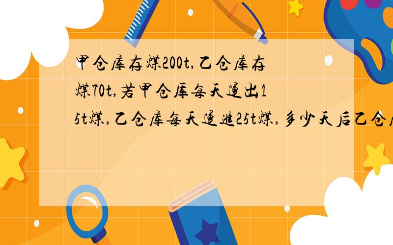 甲仓库存煤200t,乙仓库存煤70t,若甲仓厍每天运出15t煤,乙仓库每天运进25t煤,多少天后乙仓库存煤比甲仓库多1倍