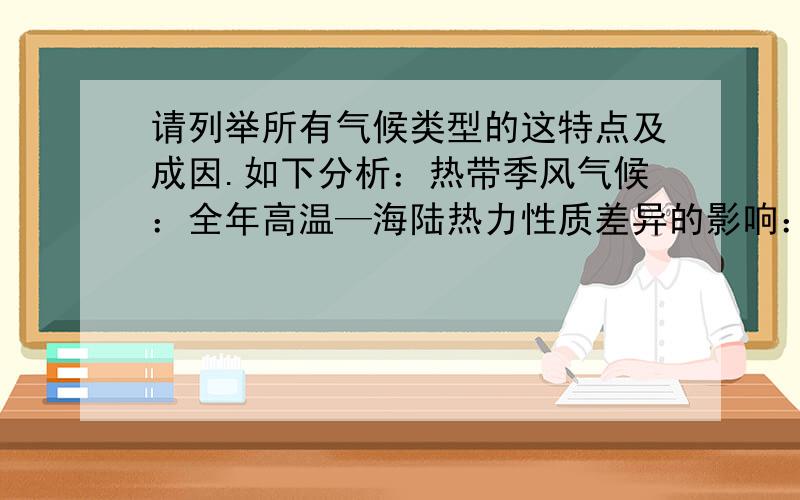 请列举所有气候类型的这特点及成因.如下分析：热带季风气候：全年高温—海陆热力性质差异的影响：夏季受印度洋西南疾风的影响,