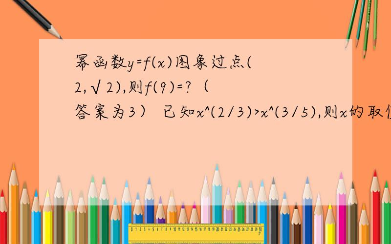 幂函数y=f(x)图象过点(2,√2),则f(9)=?（答案为3） 已知x^(2/3)>x^(3/5),则x的取值范围