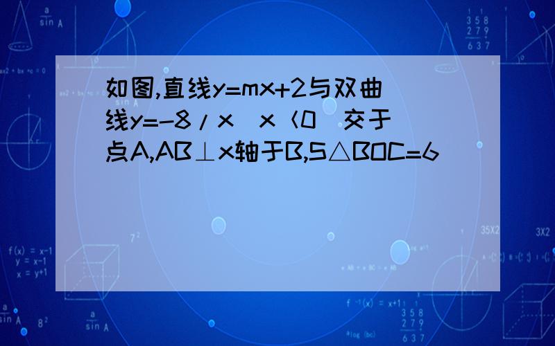 如图,直线y=mx+2与双曲线y=-8/x（x＜0）交于点A,AB⊥x轴于B,S△BOC=6