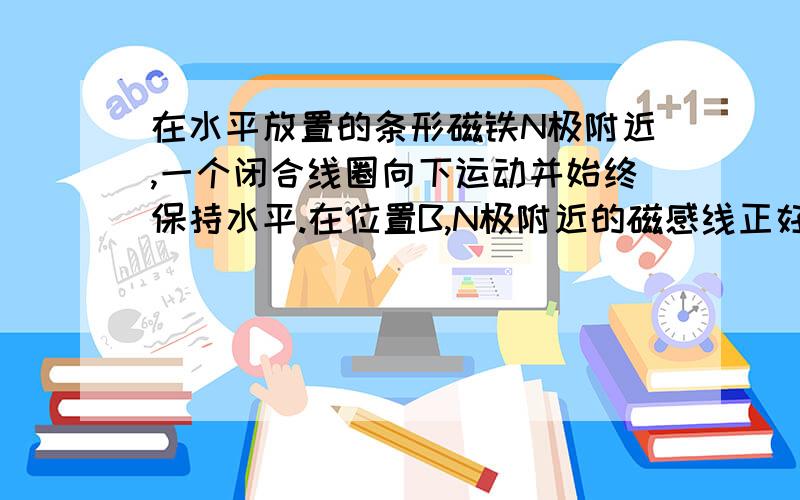 在水平放置的条形磁铁N极附近,一个闭合线圈向下运动并始终保持水平.在位置B,N极附近的磁感线正好与线圈平行.是判断线圈在