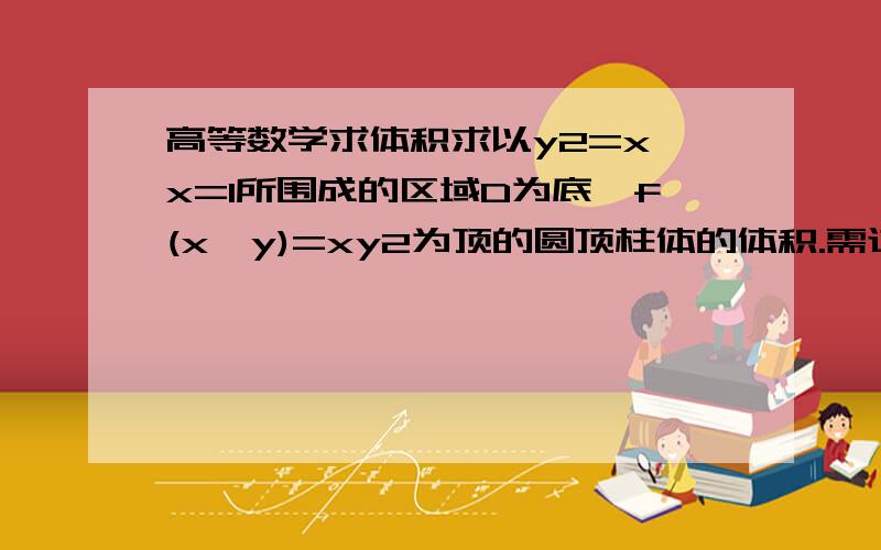 高等数学求体积求以y2=x,x=1所围成的区域D为底,f(x,y)=xy2为顶的圆顶柱体的体积.需过程!y2为y的平方