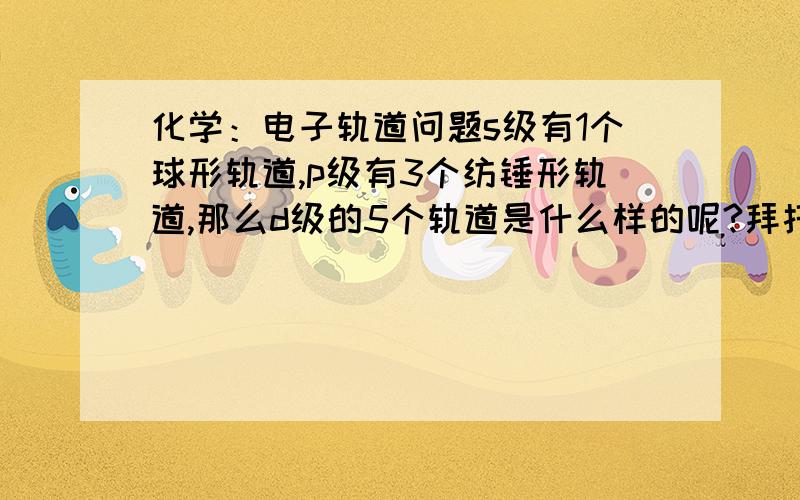 化学：电子轨道问题s级有1个球形轨道,p级有3个纺锤形轨道,那么d级的5个轨道是什么样的呢?拜托哪位见多识广的高手指点指