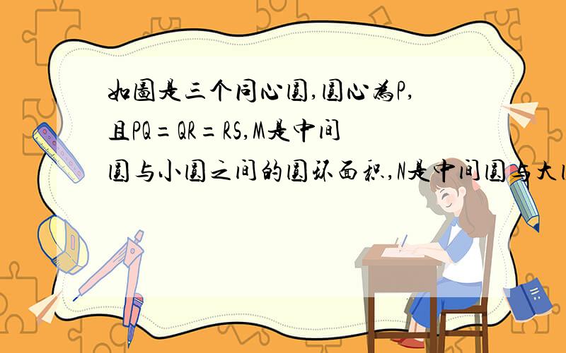 如图是三个同心圆,圆心为P,且PQ=QR=RS,M是中间圆与小圆之间的圆环面积,N是中间圆与大圆之间的圆环面积,求M与N