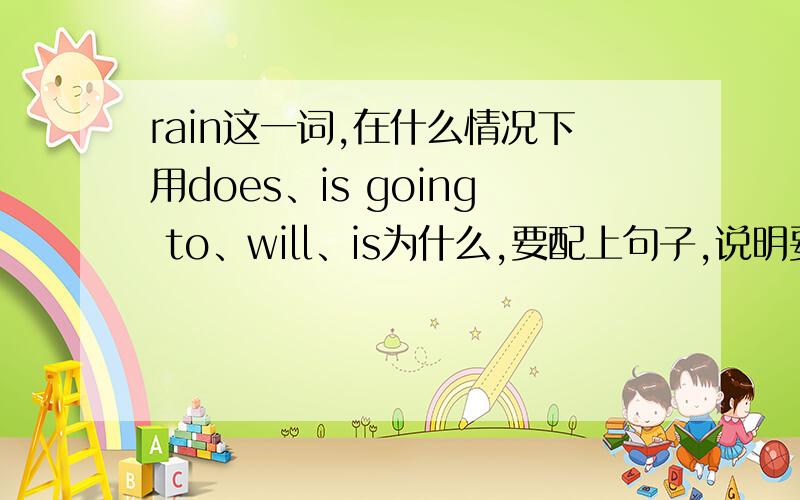 rain这一词,在什么情况下用does、is going to、will、is为什么,要配上句子,说明要清楚