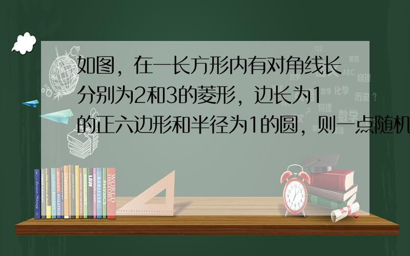 如图，在一长方形内有对角线长分别为2和3的菱形，边长为1的正六边形和半径为1的圆，则一点随机落在这三个图形内的概率较大的