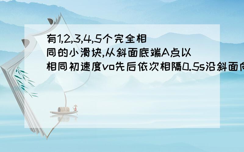 有1,2,3,4,5个完全相同的小滑块,从斜面底端A点以相同初速度vo先后依次相隔0.5s沿斜面向上做匀减速直线运