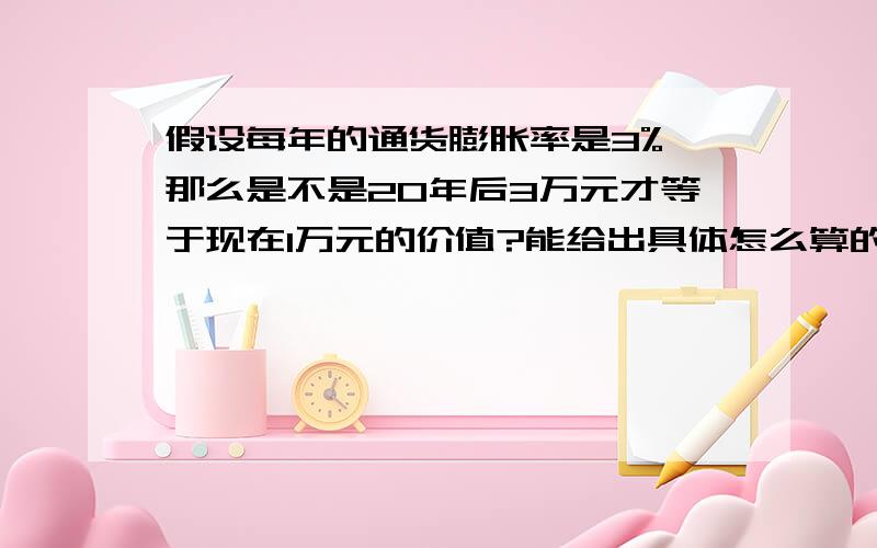 假设每年的通货膨胀率是3%,那么是不是20年后3万元才等于现在1万元的价值?能给出具体怎么算的么?