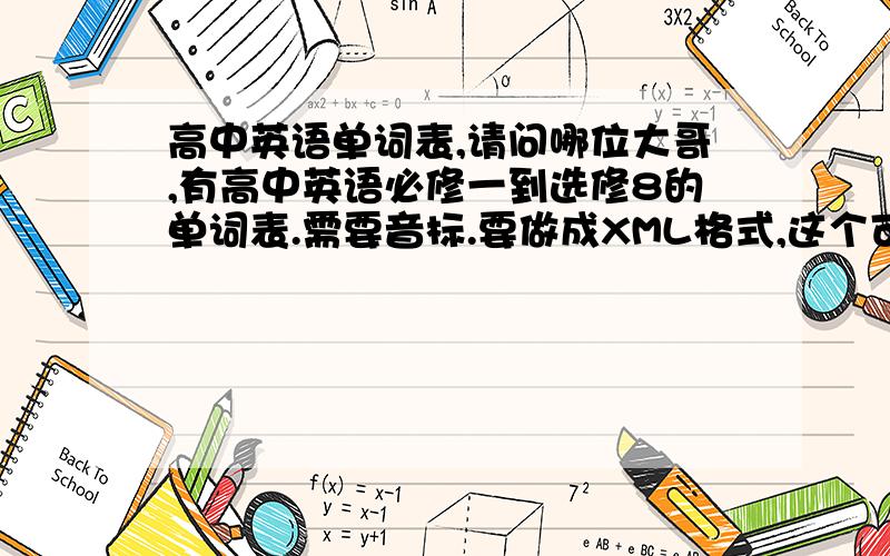 高中英语单词表,请问哪位大哥,有高中英语必修一到选修8的单词表.需要音标.要做成XML格式,这个可以导入有道词典里.谢谢