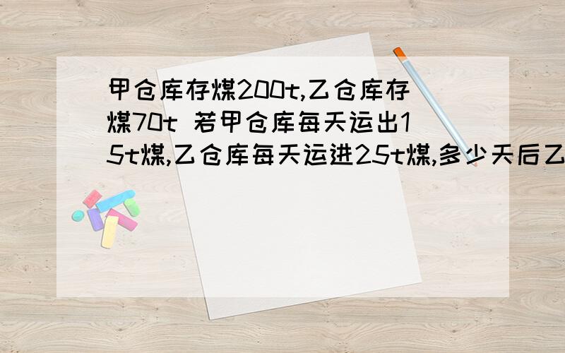 甲仓库存煤200t,乙仓库存煤70t 若甲仓库每天运出15t煤,乙仓库每天运进25t煤,多少天后乙仓库存煤比甲仓库多1倍