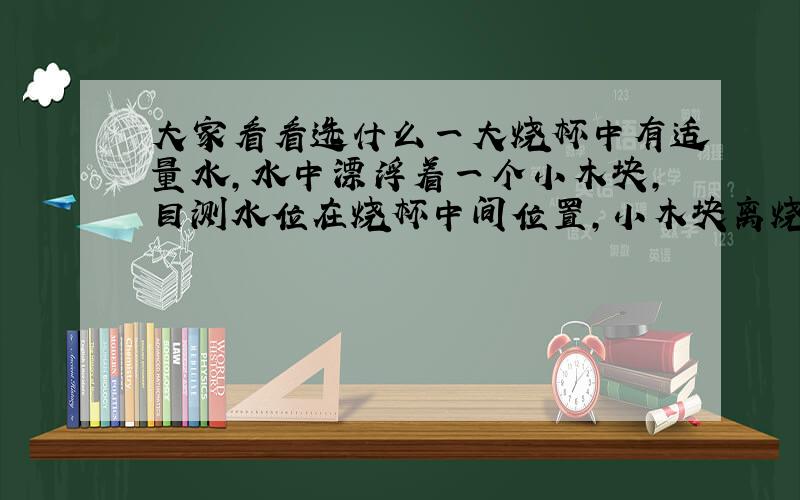 大家看看选什么一大烧杯中有适量水,水中漂浮着一个小木块,目测水位在烧杯中间位置,小木块离烧杯底部有足够大的距离,现在用手