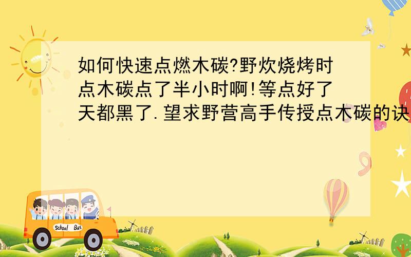 如何快速点燃木碳?野炊烧烤时点木碳点了半小时啊!等点好了天都黑了.望求野营高手传授点木碳的诀窍.别说是那种拿树叶树枝在下