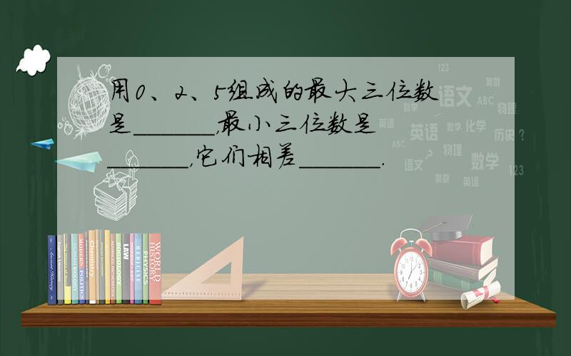 用0、2、5组成的最大三位数是______，最小三位数是______，它们相差______．