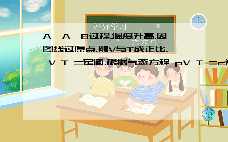 A、A→B过程，温度升高，因图线过原点，则V与T成正比， V T =定值，根据气态方程 pV T =c知，压强p不变．故