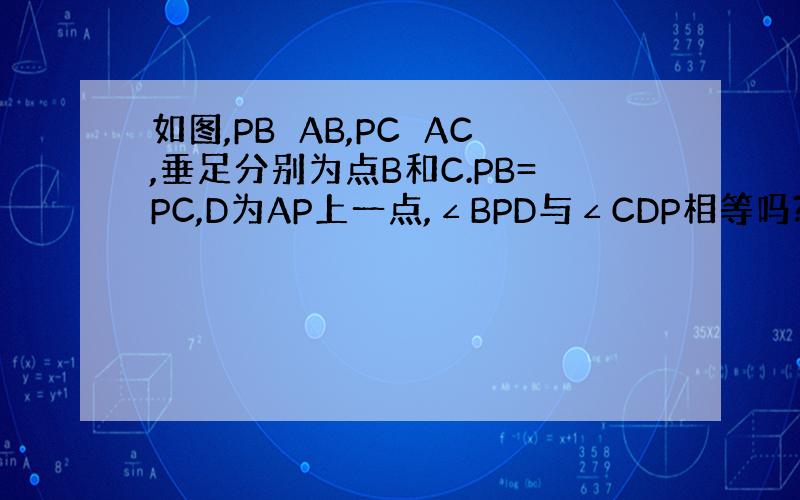 如图,PB⊥AB,PC⊥AC,垂足分别为点B和C.PB=PC,D为AP上一点,∠BPD与∠CDP相等吗?