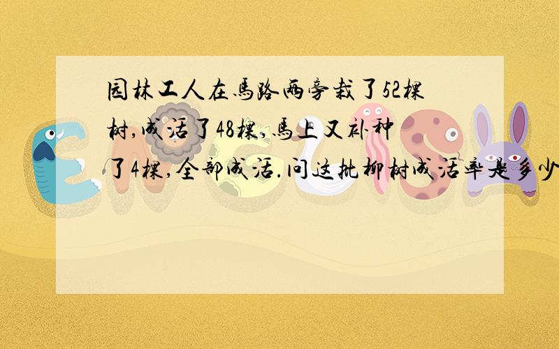 园林工人在马路两旁栽了52棵树,成活了48棵,马上又补种了4棵,全部成活.问这批柳树成活率是多少（2位小数）