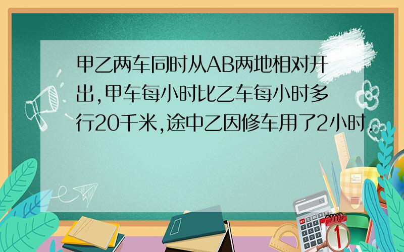 甲乙两车同时从AB两地相对开出,甲车每小时比乙车每小时多行20千米,途中乙因修车用了2小时.