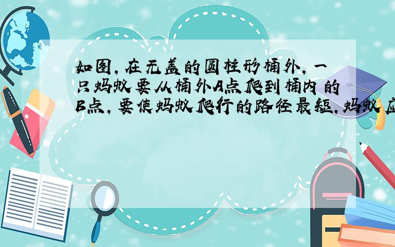 如图,在无盖的圆柱形桶外,一只蚂蚁要从桶外A点爬到桶内的B点,要使蚂蚁爬行的路径最短,蚂蚁应该如何爬行?