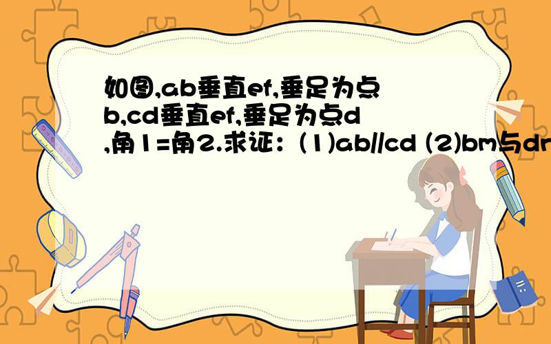 如图,ab垂直ef,垂足为点b,cd垂直ef,垂足为点d,角1=角2.求证：(1)ab//cd (2)bm与dn是否平行