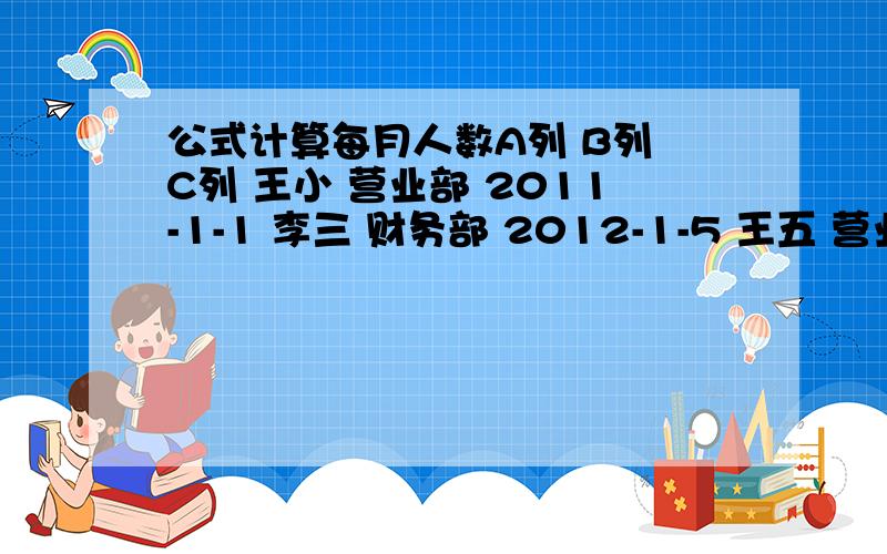 公式计算每月人数A列 B列 C列 王小 营业部 2011-1-1 李三 财务部 2012-1-5 王五 营业部 2011