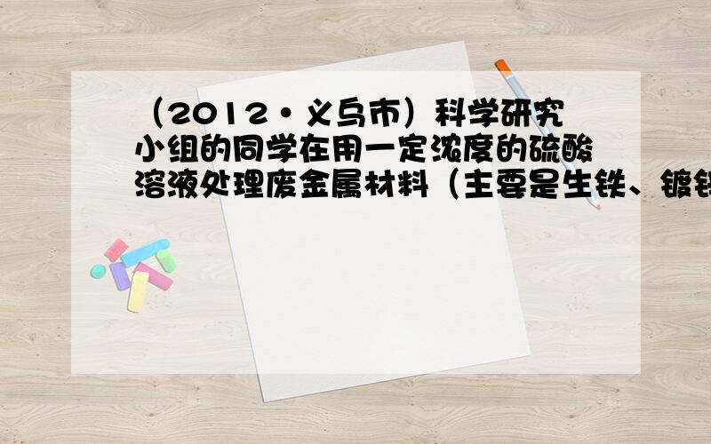 （2012•义乌市）科学研究小组的同学在用一定浓度的硫酸溶液处理废金属材料（主要是生铁、镀锌铁皮）时，溶液发烫并闻到了刺