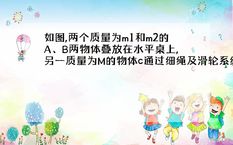 如图,两个质量为m1和m2的A、B两物体叠放在水平桌上,另一质量为M的物体c通过细绳及滑轮系统与AB相连