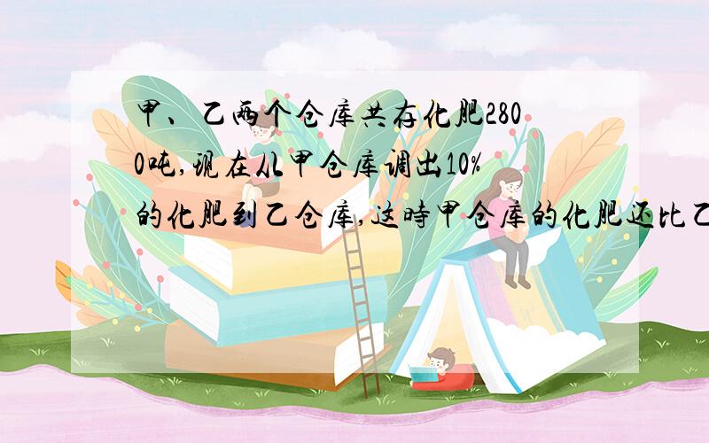 甲、乙两个仓库共存化肥2800吨,现在从甲仓库调出10%的化肥到乙仓库,这时甲仓库的化肥还比乙仓库多224吨,原来甲仓库