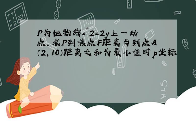 P为抛物线x^2=2y上一动点,求P到焦点F距离与到点A（2,10）距离之和为最小值时p坐标