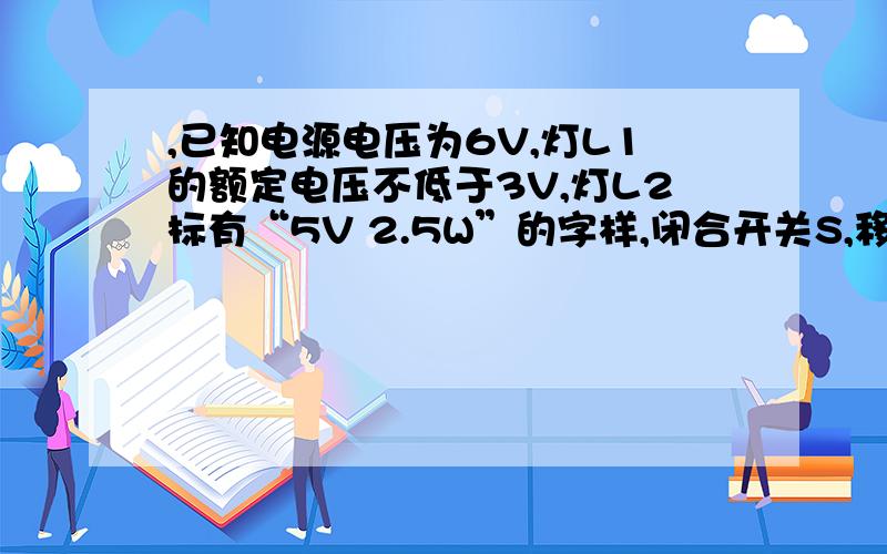 ,已知电源电压为6V,灯L1的额定电压不低于3V,灯L2标有“5V 2.5W”的字样,闭合开关S,移动滑片P,当电流表