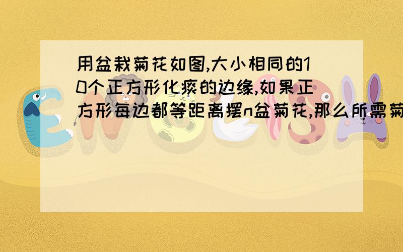 用盆栽菊花如图,大小相同的10个正方形化痰的边缘,如果正方形每边都等距离摆n盆菊花,那么所需菊花总盆数