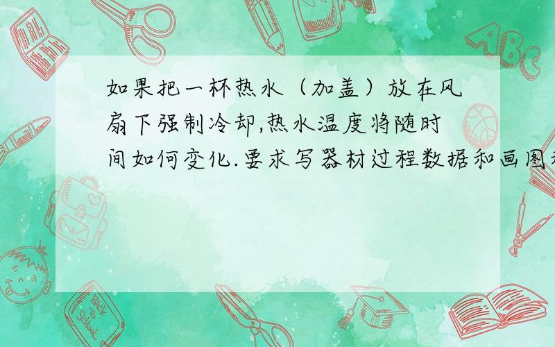 如果把一杯热水（加盖）放在风扇下强制冷却,热水温度将随时间如何变化.要求写器材过程数据和画图和规律.