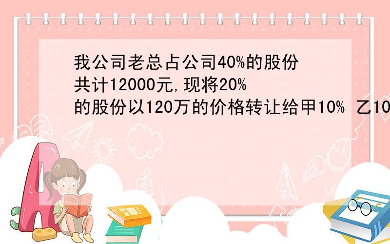 我公司老总占公司40%的股份共计12000元,现将20%的股份以120万的价格转让给甲10% 乙10%怎么做会计分录?