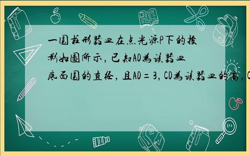 一圆柱形器皿在点光源P下的投影如图所示，已知AD为该器皿底面圆的直径，且AD=3，CD为该器皿的高，CD=4，CP′=1