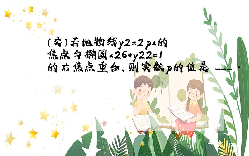 （文）若抛物线y2=2px的焦点与椭圆x26+y22=1的右焦点重合，则实数p的值是 ___ ．