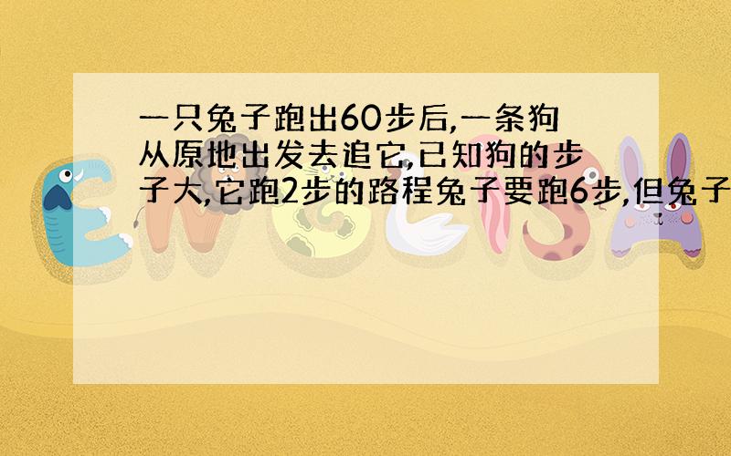 一只兔子跑出60步后,一条狗从原地出发去追它,已知狗的步子大,它跑2步的路程兔子要跑6步,但兔子的动作快,它跑10步的时