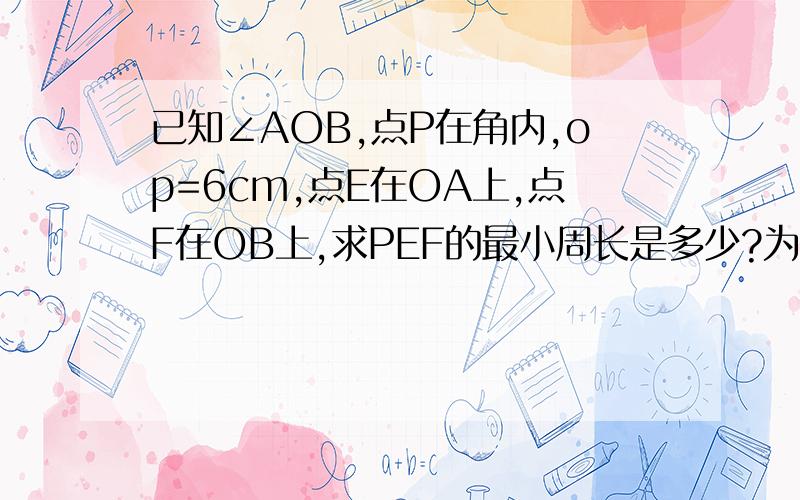 已知∠AOB,点P在角内,op=6cm,点E在OA上,点F在OB上,求PEF的最小周长是多少?为什么?