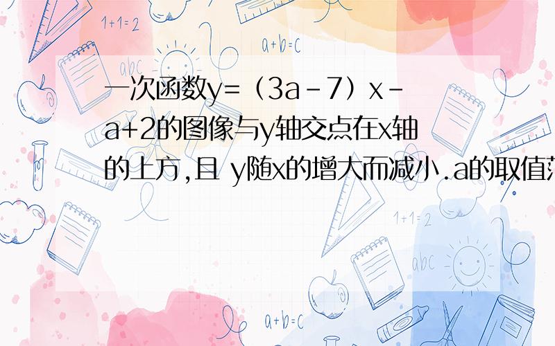 一次函数y=（3a-7）x-a+2的图像与y轴交点在x轴的上方,且 y随x的增大而减小.a的取值范围