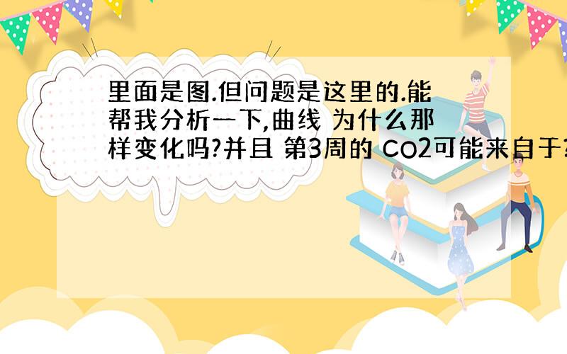 里面是图.但问题是这里的.能帮我分析一下,曲线 为什么那样变化吗?并且 第3周的 CO2可能来自于?但给乳酸..乳酸能产