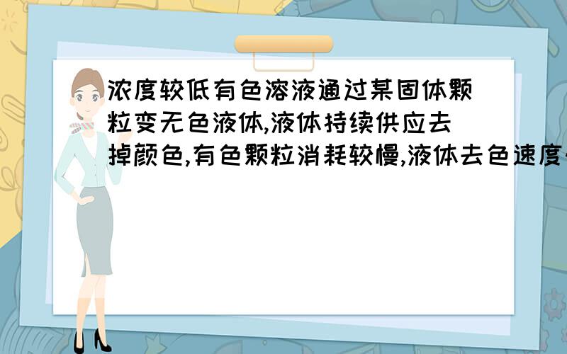 浓度较低有色溶液通过某固体颗粒变无色液体,液体持续供应去掉颜色,有色颗粒消耗较慢,液体去色速度快,可用什么溶液与颗粒搭配