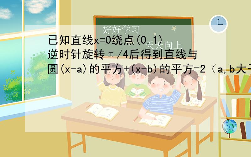 已知直线x=0绕点(0,1)逆时针旋转π/4后得到直线与圆(x-a)的平方+(x-b)的平方=2（a,b大于0）相切,则