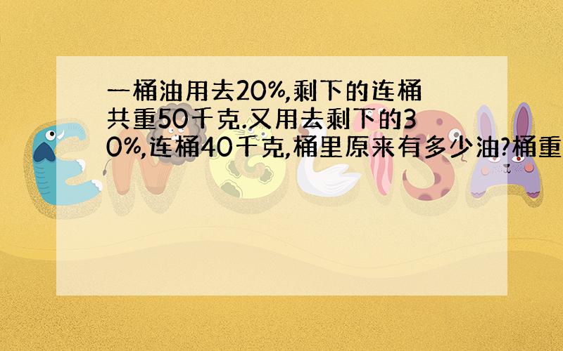 一桶油用去20%,剩下的连桶共重50千克.又用去剩下的30%,连桶40千克,桶里原来有多少油?桶重多少千克?