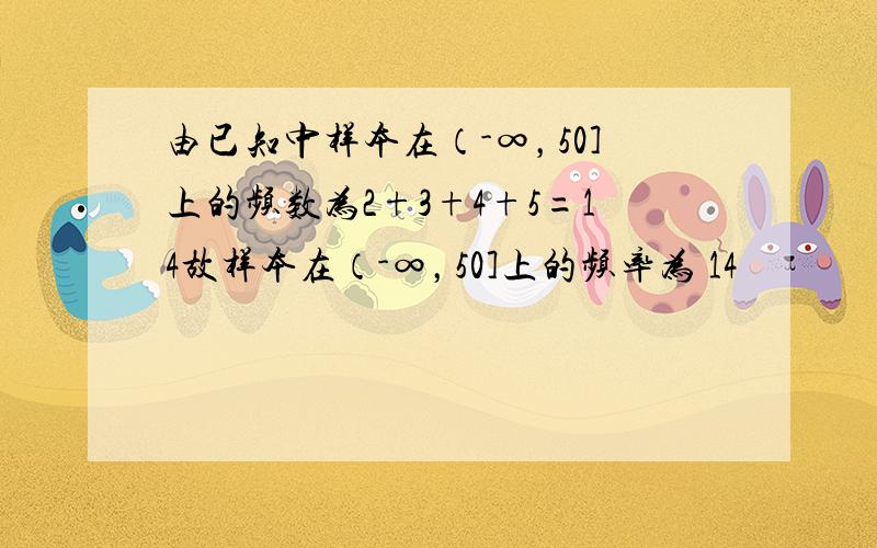 由已知中样本在（-∞，50]上的频数为2+3+4+5=14故样本在（-∞，50]上的频率为 14