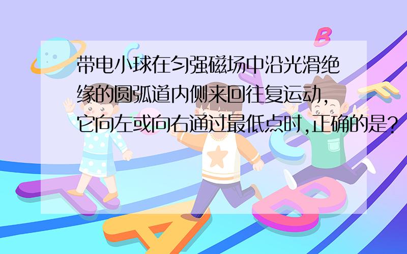 带电小球在匀强磁场中沿光滑绝缘的圆弧道内侧来回往复运动,它向左或向右通过最低点时,正确的是?